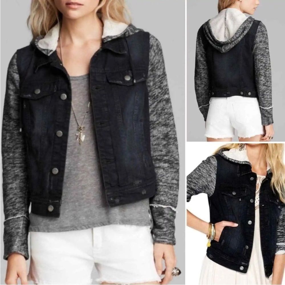 Free People Hooded Denim Knit Jacket Navy Black Gary Distressed L Mixed Media